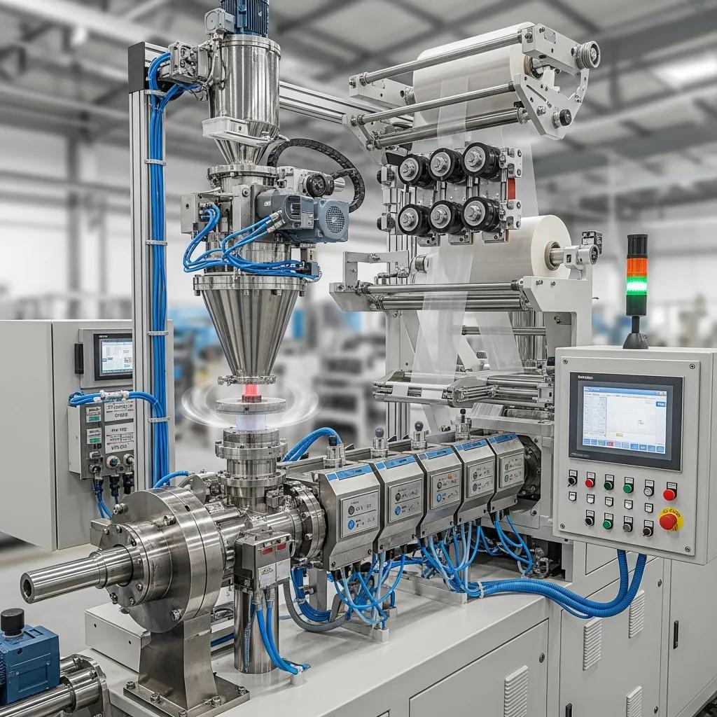 Advanced blown film extrusion machine features, emphasizing technology and precision