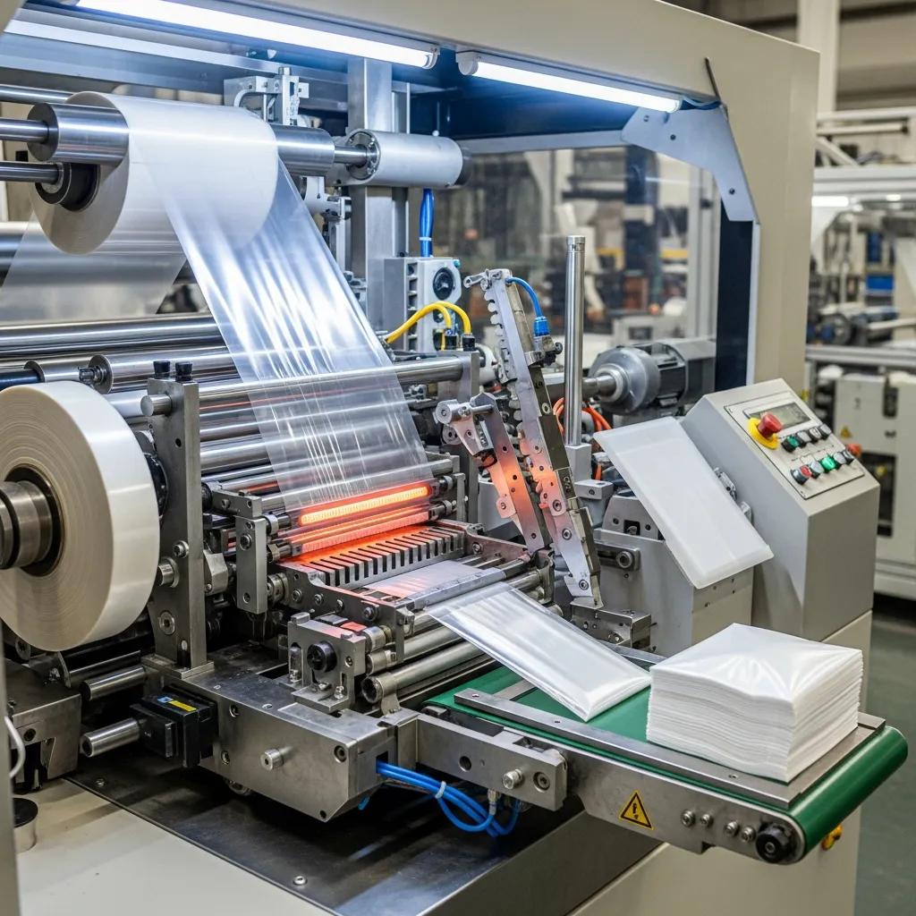 Automatic plastic bag making machine in operation, highlighting features and production efficiency