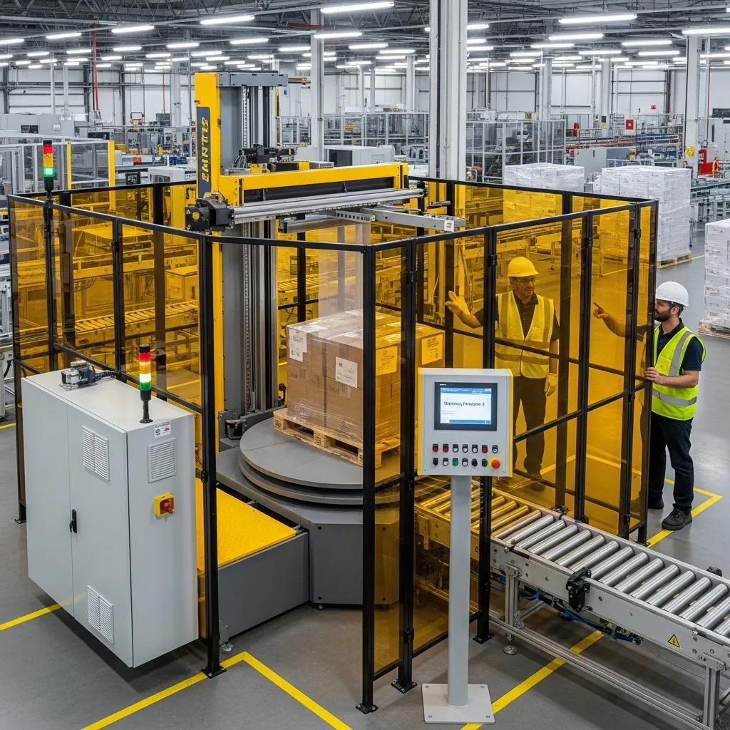 Automatic stretch wrapper in operation, highlighting features and benefits in a packaging facility