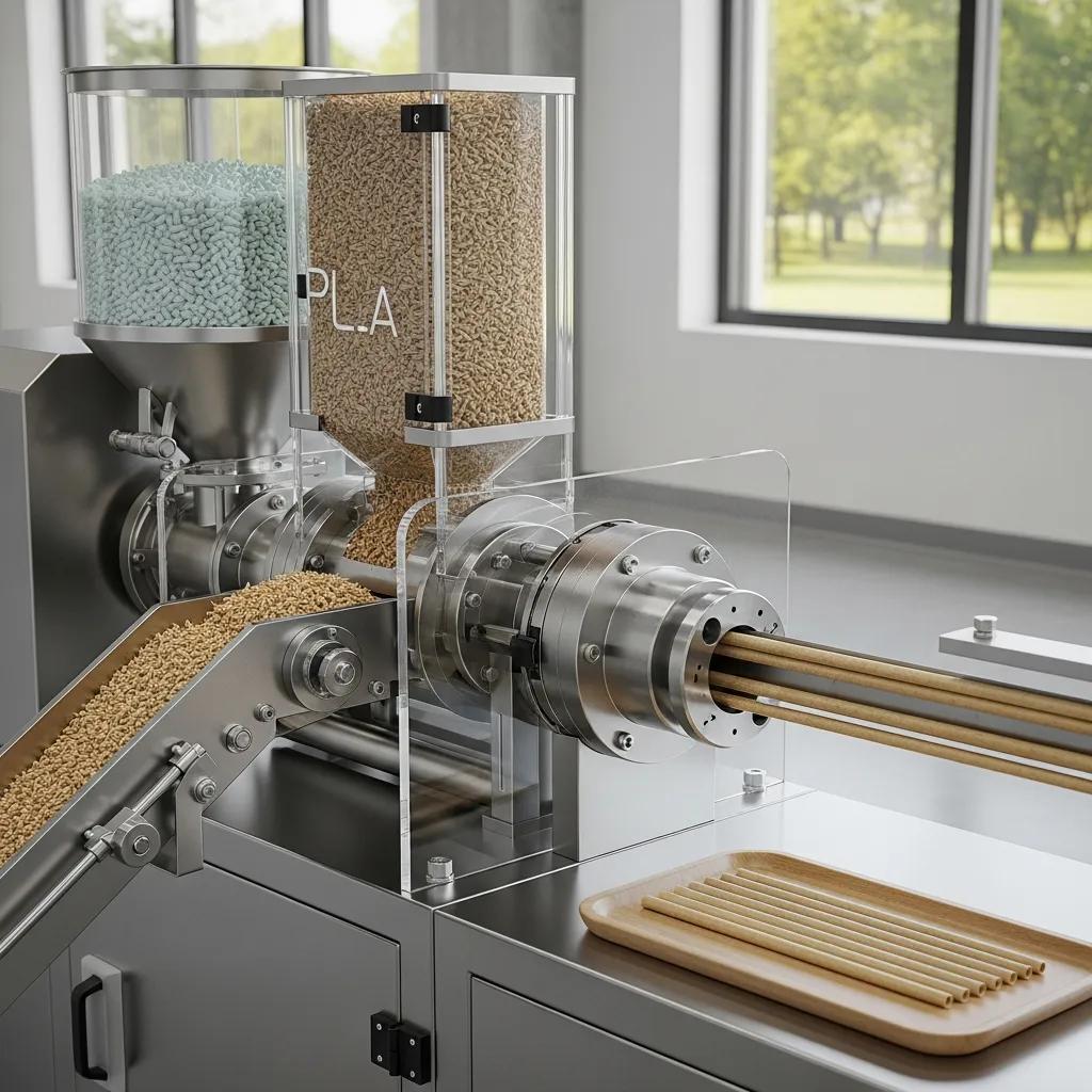 Biodegradable straw production process showcasing natural materials and machinery