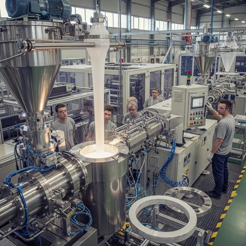 Blown film extruder in action, illustrating the polymer extrusion process in a manufacturing environment