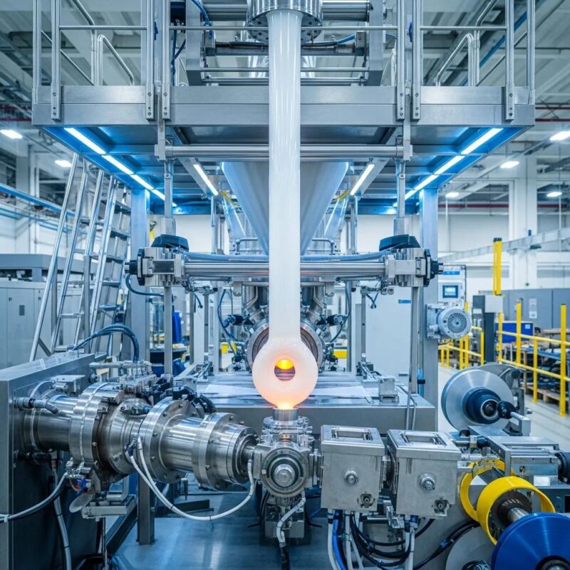 Blown film extrusion machine in operation, illustrating the industrial process of creating plastic film