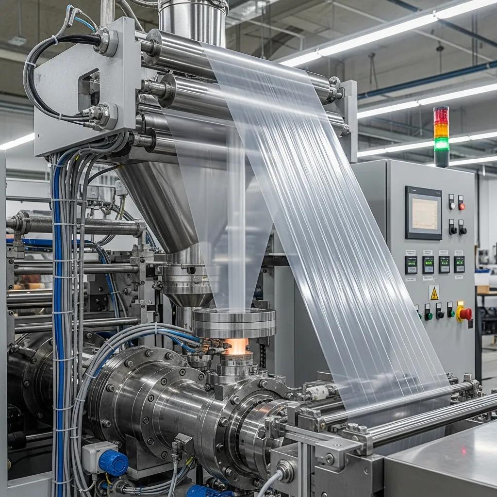 Blown film extrusion machine producing high-quality plastic film, emphasizing production technology