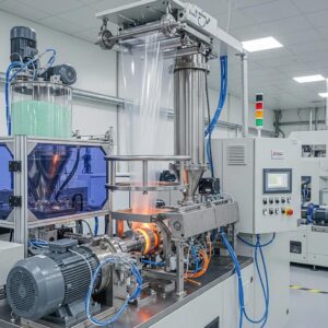 Blown film extrusion machine producing tubular film from molten polymer