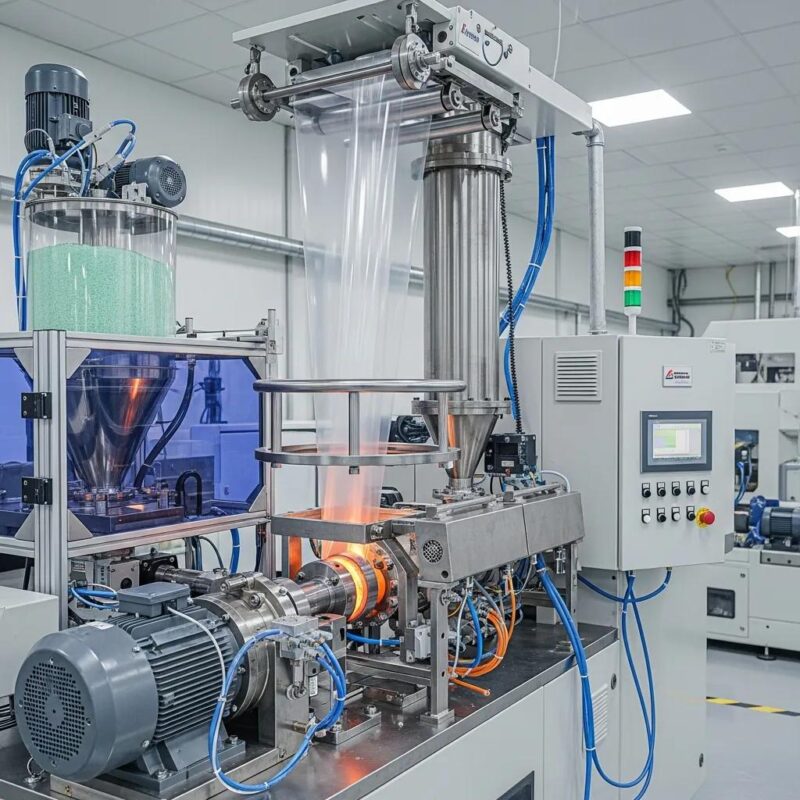 Blown film extrusion machine producing tubular film from molten polymer