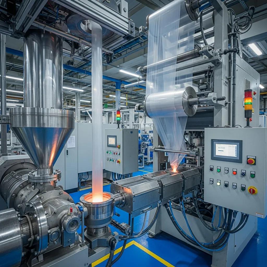 Blown film extrusion process for plastic bag production