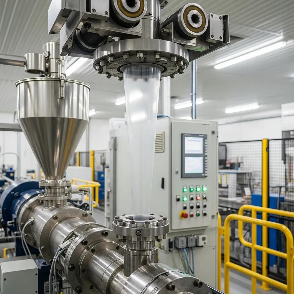 Blown film extrusion process showing key components in bubble film production