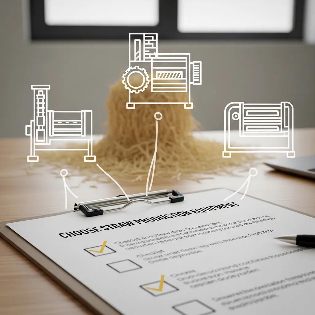 Checklist for choosing straw production equipment with images of various straw machines in the background