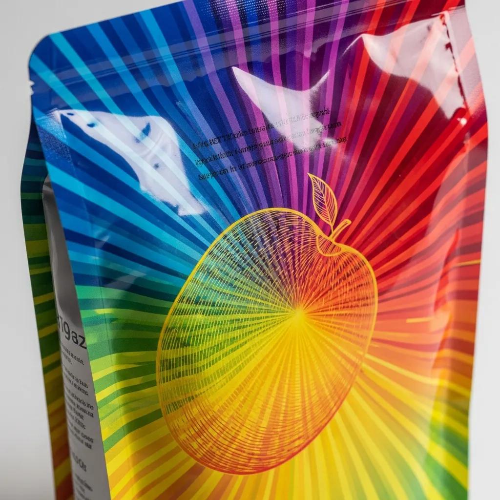 Multi-color flexible packaging featuring vibrant rainbow gradients and an intricate apple design, illustrating the benefits of multi-color gravure printing for enhanced shelf appeal and brand differentiation.