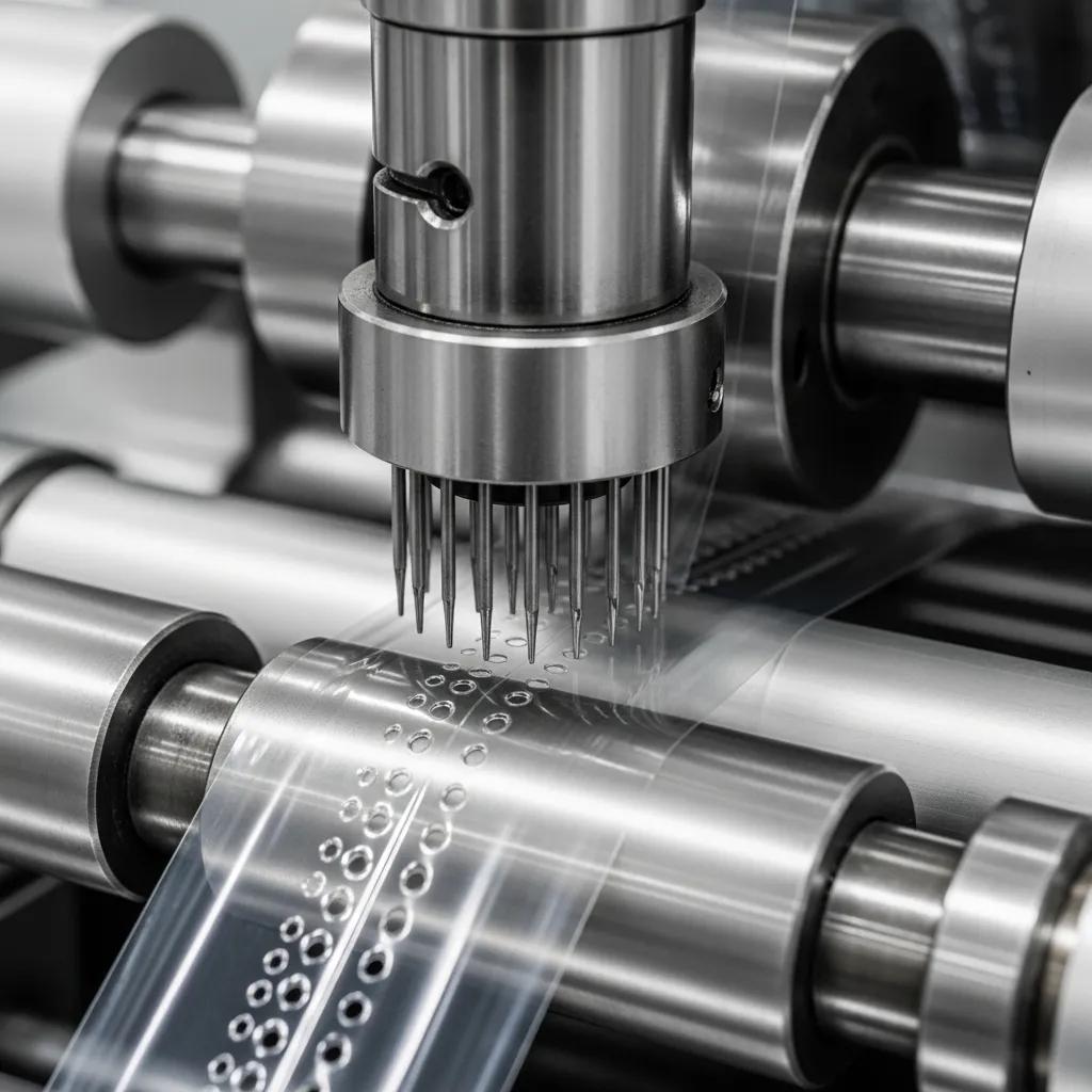 Close-up of a perforation unit in a roll bag making machine, highlighting the technology used for bag functionality