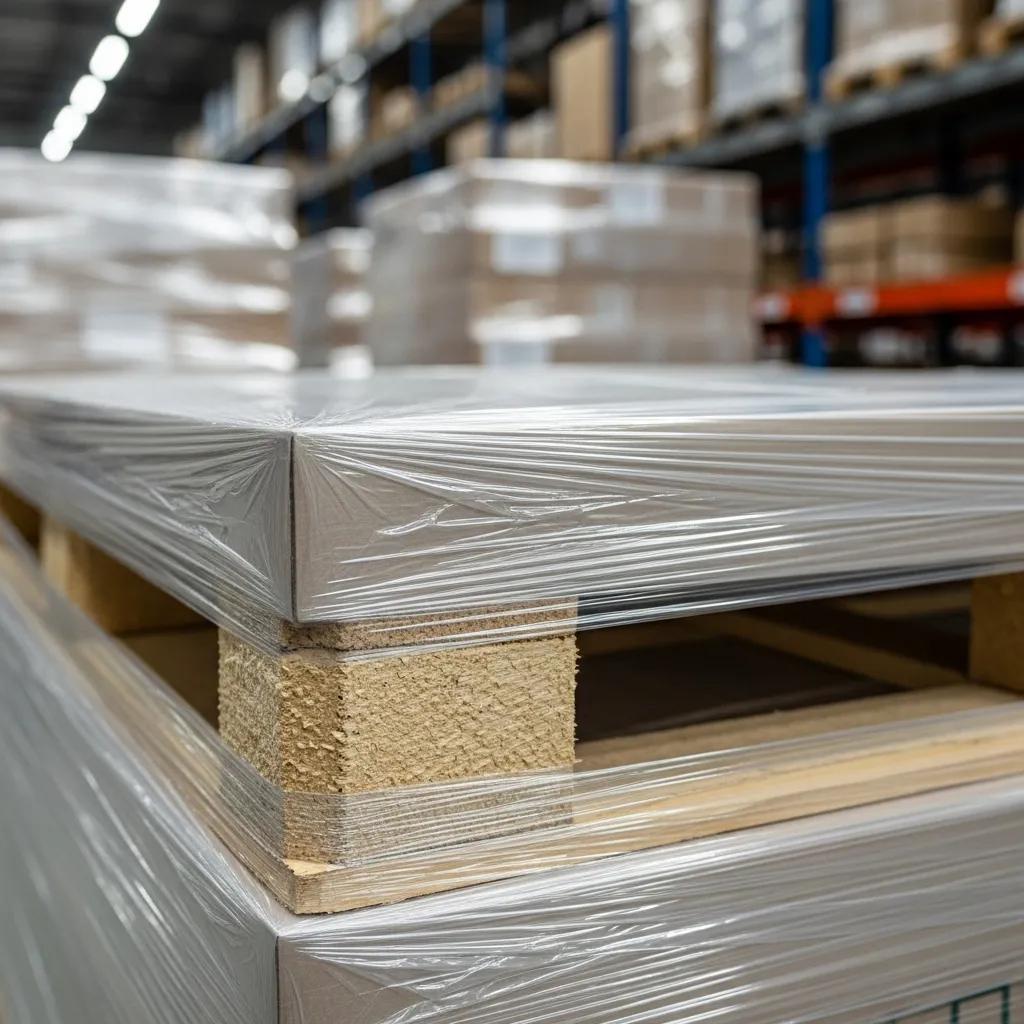 Close-up of a securely wrapped pallet demonstrating stability and load protection with stretch film