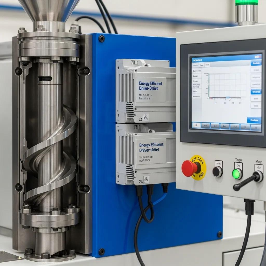 Close-up of essential features in a cost-effective single layer blown film extruder, highlighting energy efficiency and automation