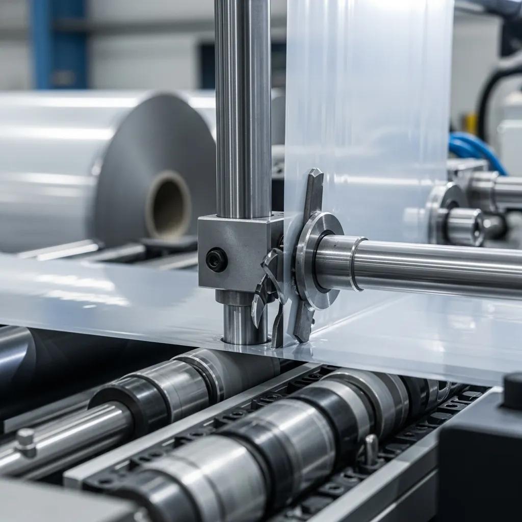 Close-up of slitting machine knife system showcasing precision cutting technology