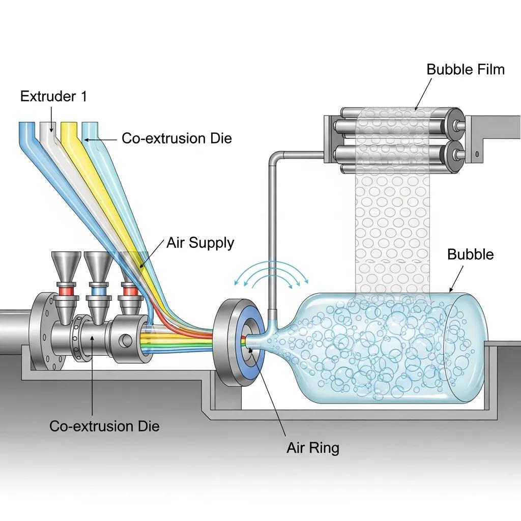 Co-extrusion process of multi-layer bubble wrap with multiple extruders and die