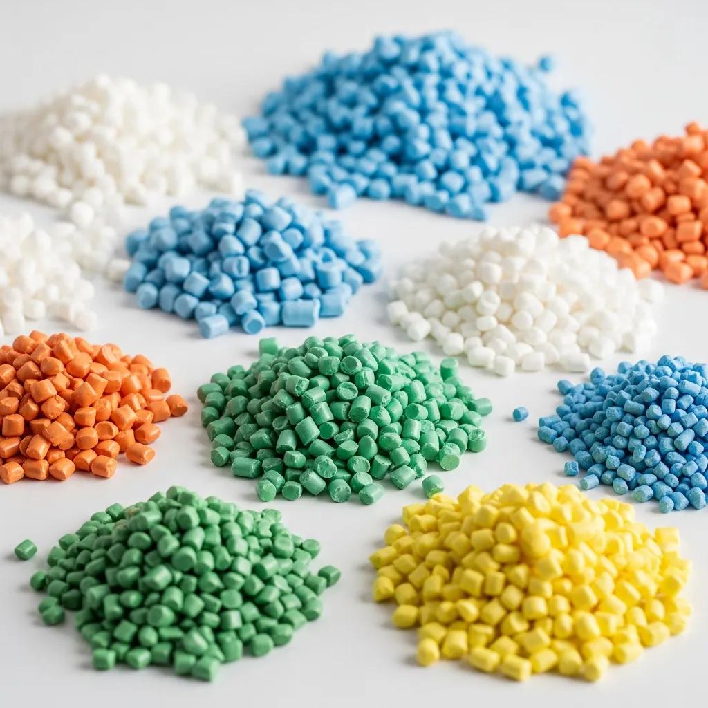 Colorful plastic pellets representing HDPE, LDPE, LLDPE, and polypropylene used in blown film extrusion