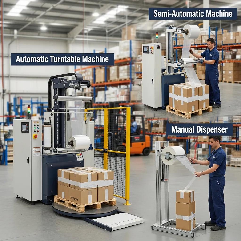 Comparison of automatic, semi-automatic, and manual stretch film machines in a packaging facility