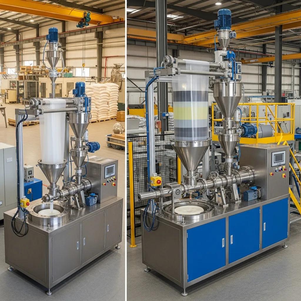 Comparison of single-layer and multi-layer blown film extrusion machines, highlighting differences in complexity and design