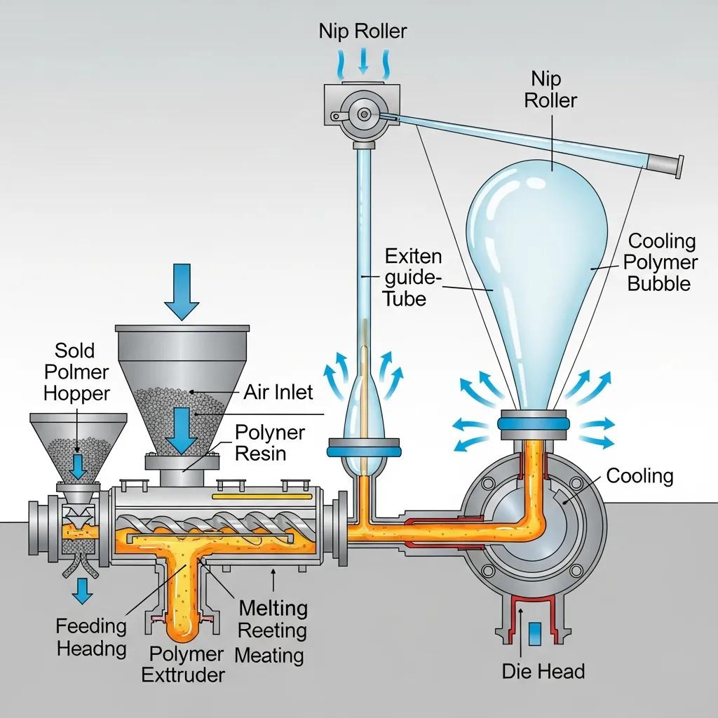Cross-section view of the blown film extrusion process, illustrating polymer flow and machine components