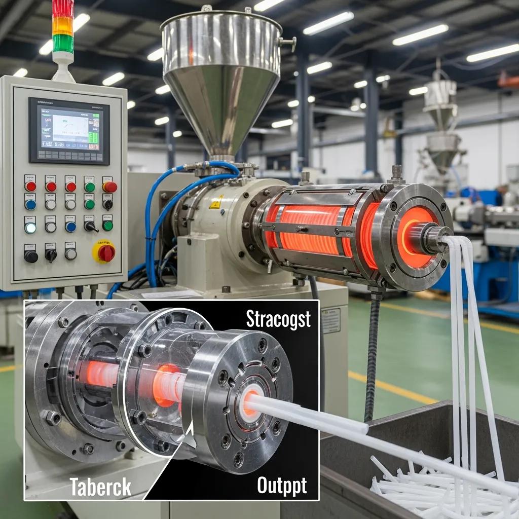 Detailed view of a plastic straw extrusion machine showcasing its features and components