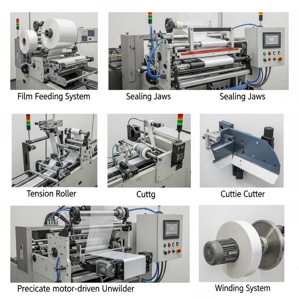 Detailed view of automation components in a roll bag making machine, illustrating film feeding, sealing, cutting, and winding systems