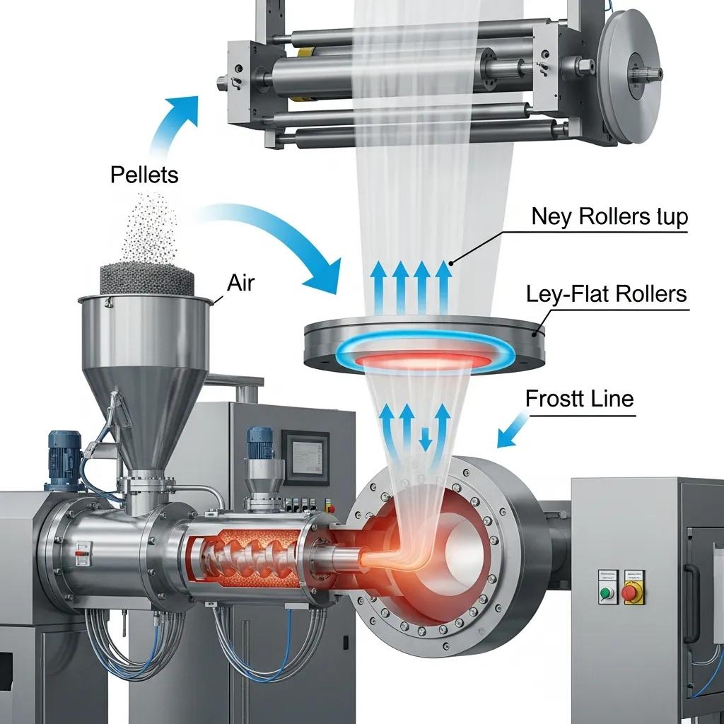 Detailed diagram of the blown film extrusion process, featuring an extruder, circular die, and key components like pellets, air flow, and rollers, illustrating the production of tubular film for plastic bags.