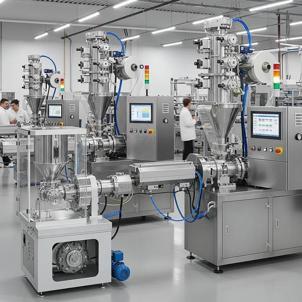 Different models of blown film extruders in a factory, showcasing technology for plastic film production