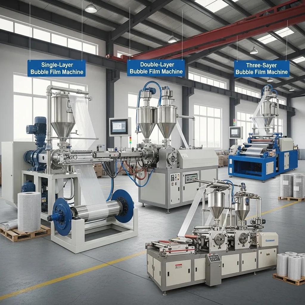 Different types of bubble film machines including single-layer, double-layer, and three-layer systems