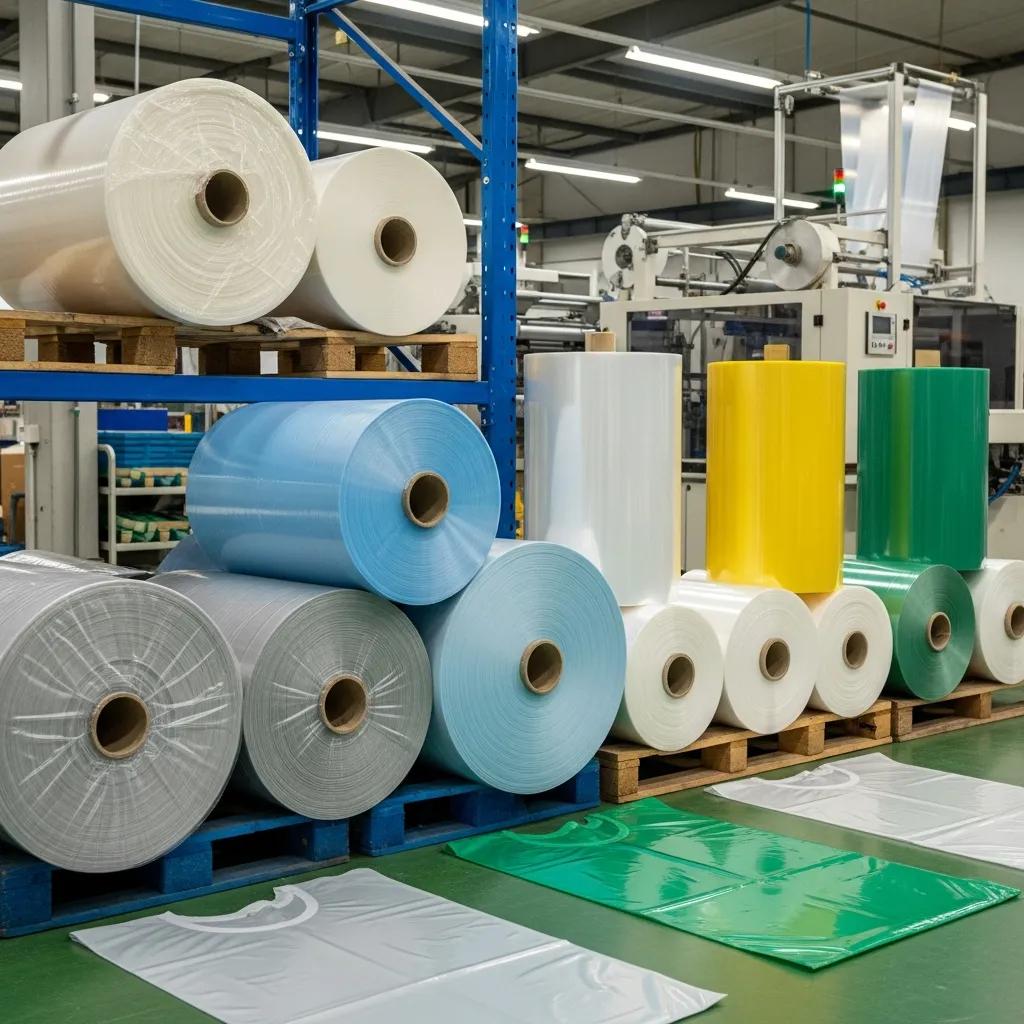 Different types of plastic films used in t-shirt bag production displayed in a factory