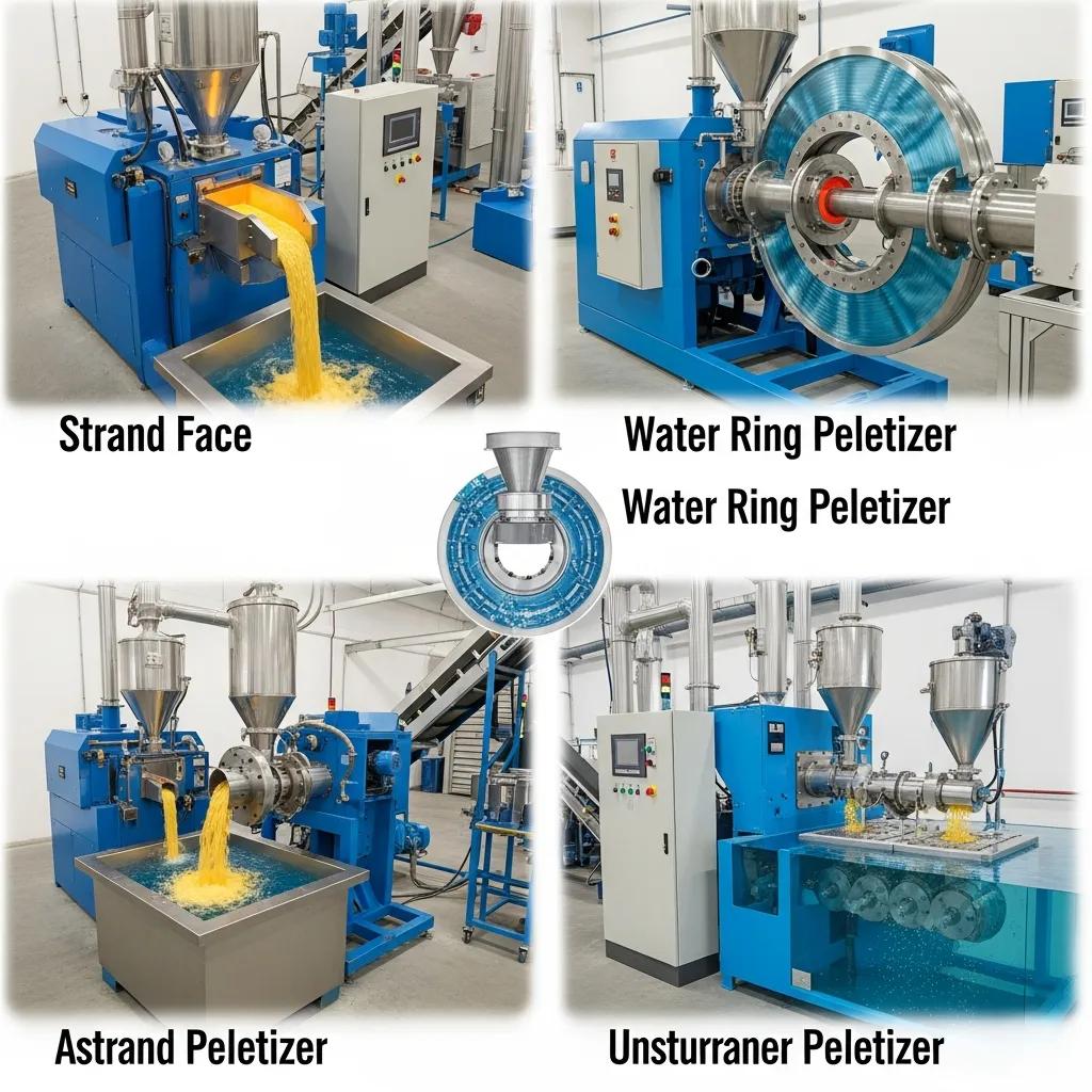 Different types of plastic pelletizing machines in a factory setting