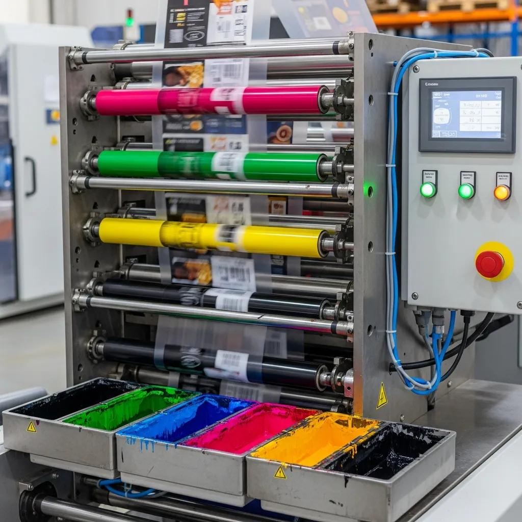 Flexo printing machine applying colorful inks on plastic film