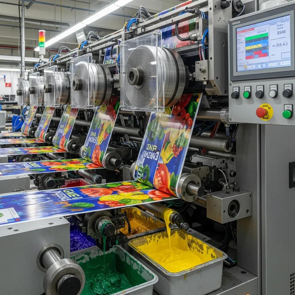 Flexo printing machine in action, applying colorful designs to plastic film for bag manufacturing