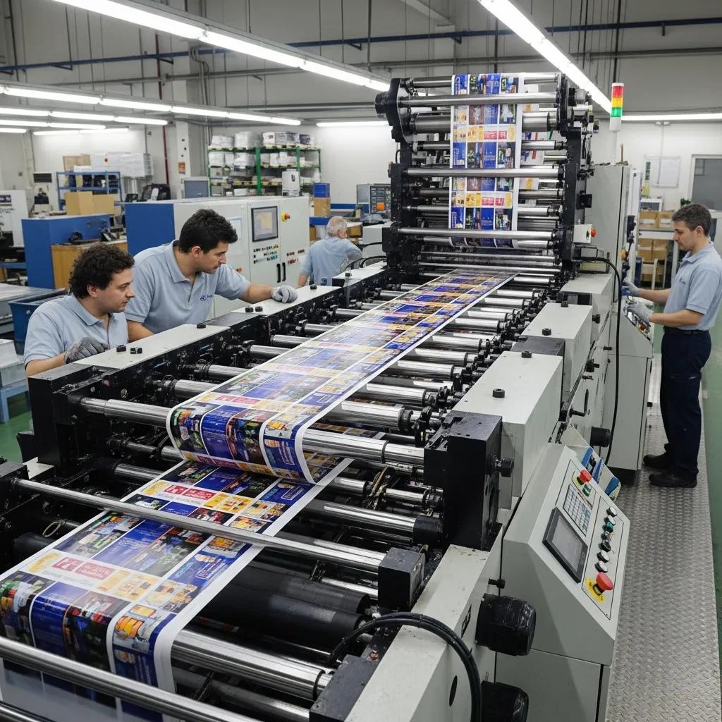 Flexo printing machine showcasing vibrant printed materials and operational precision