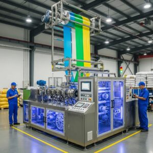 High-performance multi-layer blown film extrusion machine producing colorful plastic films