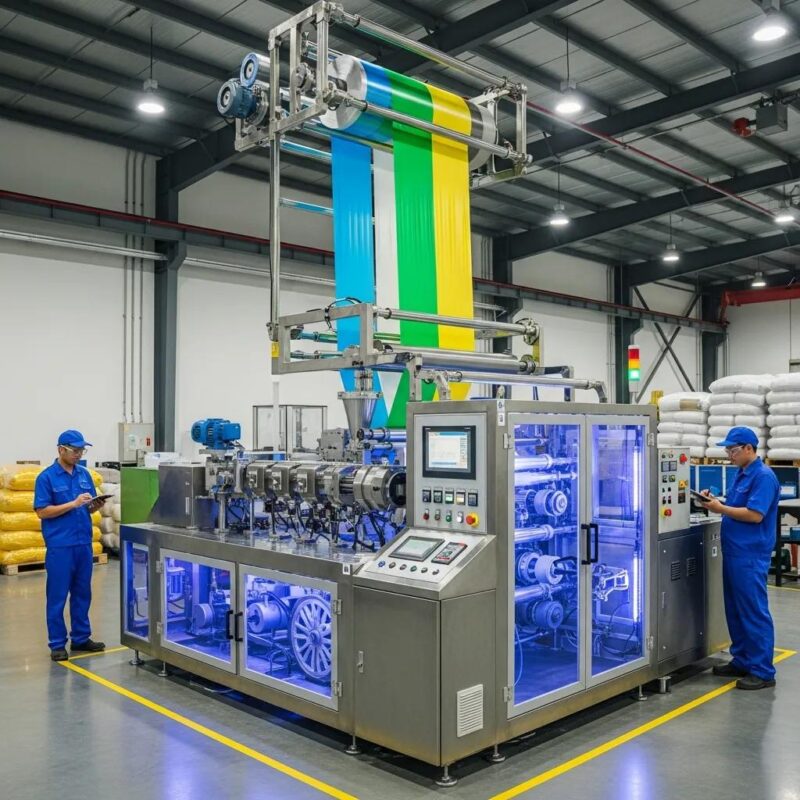 High-performance multi-layer blown film extrusion machine producing colorful plastic films