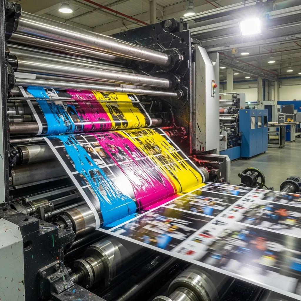 High-precision gravure printing machine in an industrial setting, showcasing vibrant printed sheets in blue, pink, yellow, and black, emphasizing advanced printing technology for flexible packaging solutions.