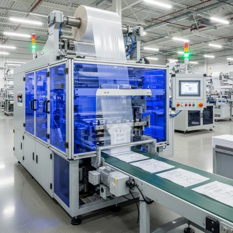 High-speed t-shirt bag making machine in action, illustrating modern industrial production technology