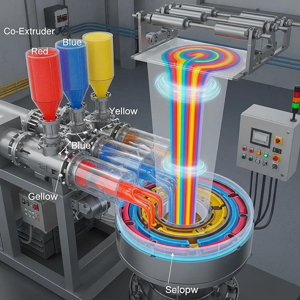 Illustration of co-extrusion technology with multiple extruders and concentric die head