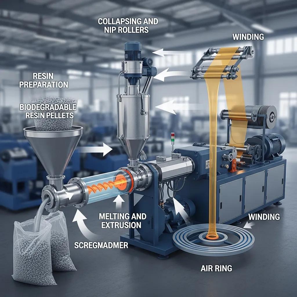 Illustration of the blown film extrusion process for biodegradable films