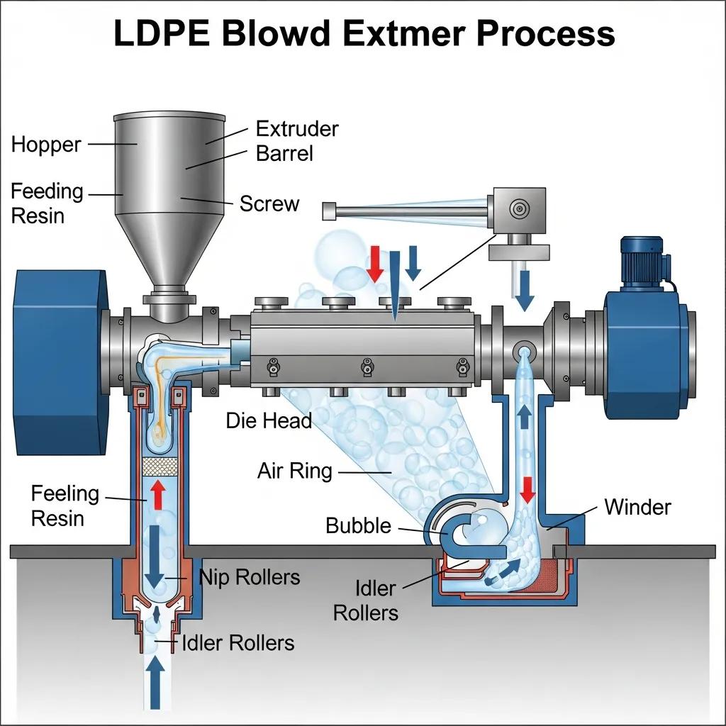 Illustration of the LDPE blown film extrusion process, featuring machine components like the extruder barrel, screw, die head, air ring, and winder, demonstrating the flow of resin and formation of the tubular bubble for flexible packaging applications.