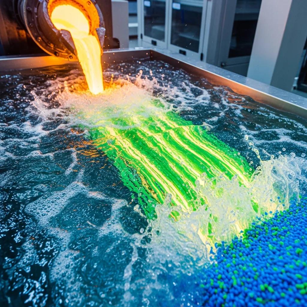 Illustration of water cooling enhancing plastic pelletizing efficiency with cooling bath and extruded pellets