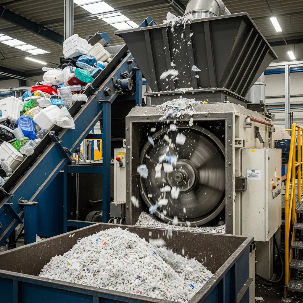 Industrial plastic shredder processing large plastic items