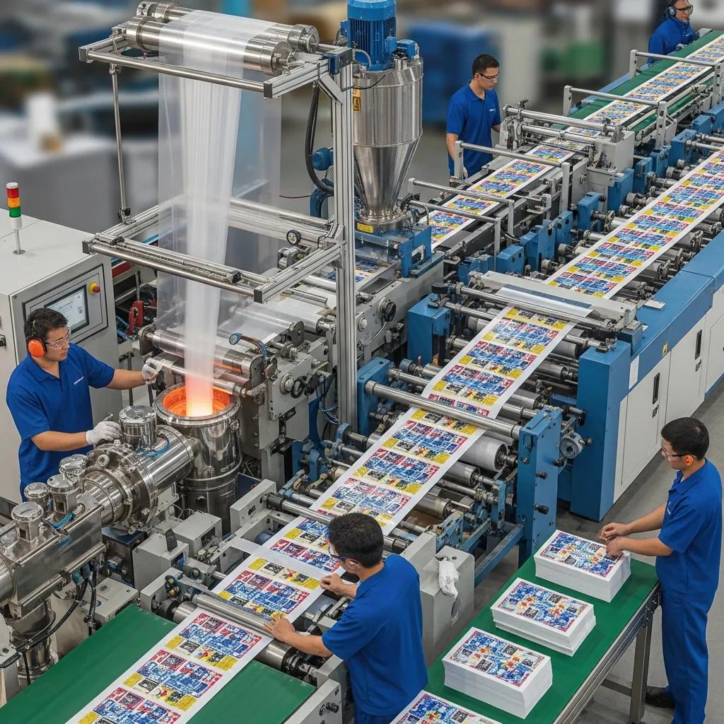 Integrated production line showcasing blown film extrusion, plastic bag making, and flexo printing equipment in action