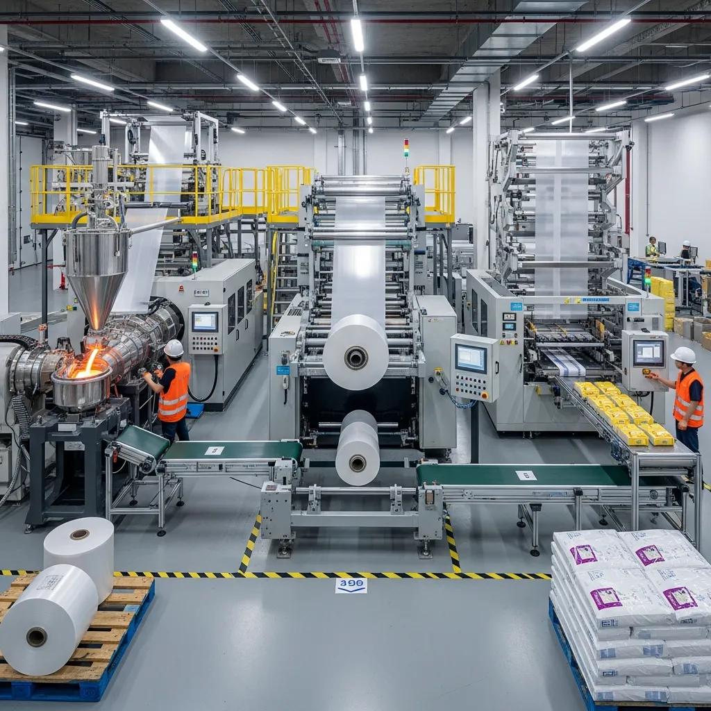 Integration of film slitting machine with converting equipment in a production line