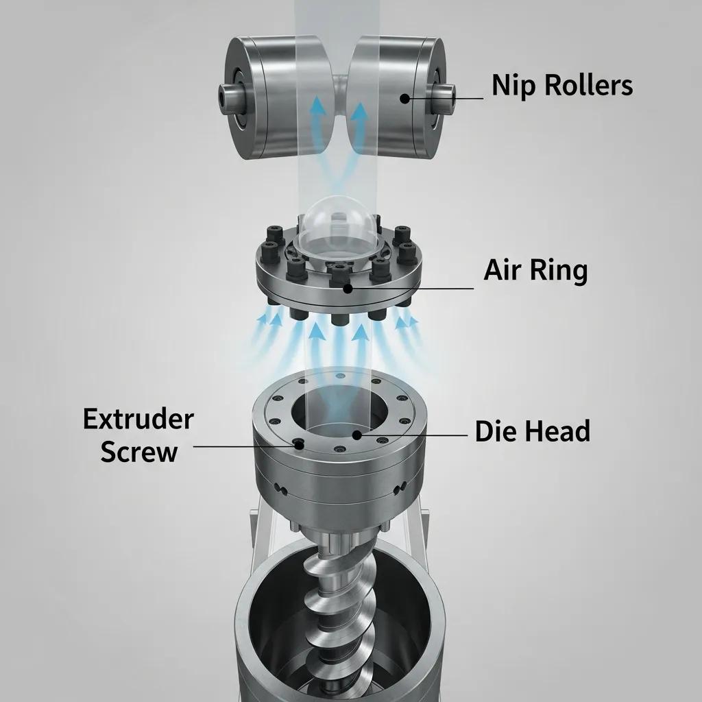 Key components of a blown film extruder machine, illustrating the extruder screw, die head, air ring, and nip rollers