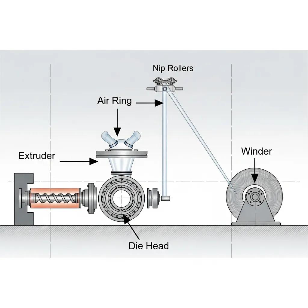 Key components of an HDPE blown film extrusion line including extruder, die head, and winder