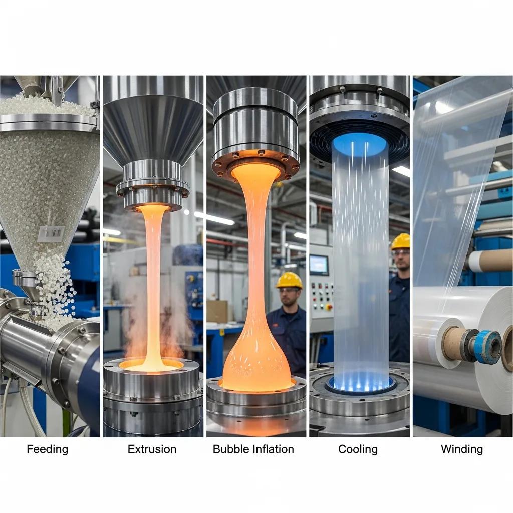 Key steps in the blown film extrusion process illustrated through action shots