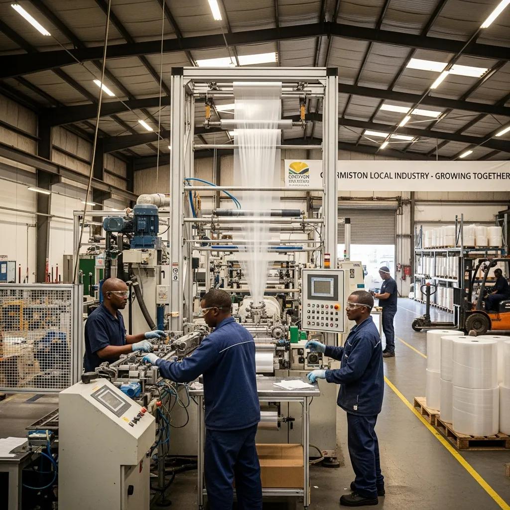 Local manufacturing facility in Germiston, showcasing teamwork in blown film production