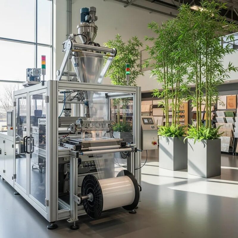 Modern biodegradable blown film machine in an eco-friendly manufacturing setting