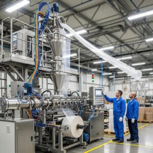 Modern blown film extruder in action, producing plastic film in a manufacturing facility