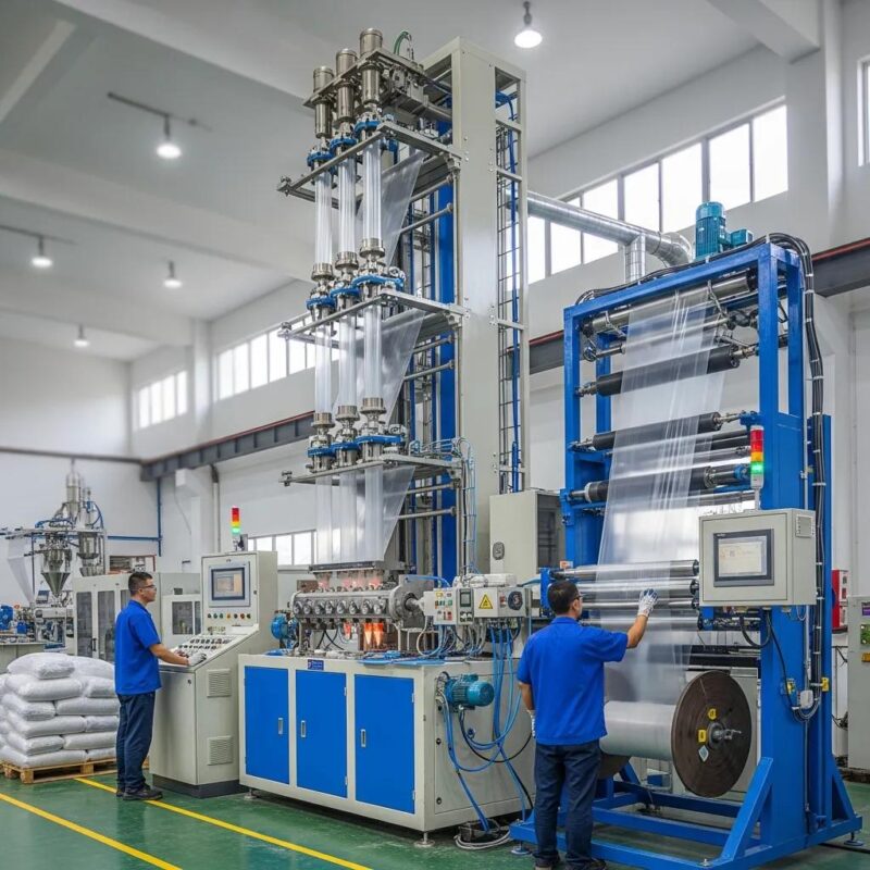 Modern blown film extrusion machine in a factory, highlighting industrial efficiency and innovation